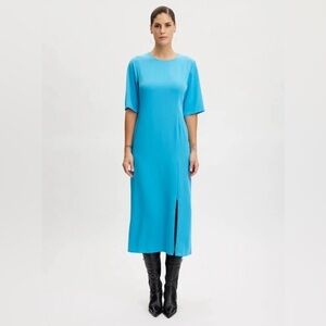 Gestuz Women’s Melba Dress Midi Maxi Blue Elegant Long Round Neck Size M